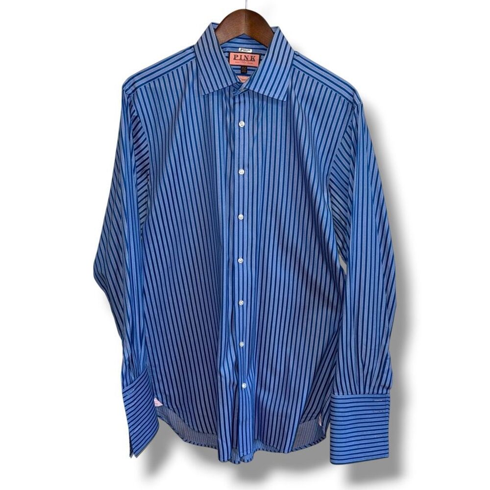 Thomas Pink Royal Blue StripedClassic Fit French Cuff Dress Shirt Sz L 16.5